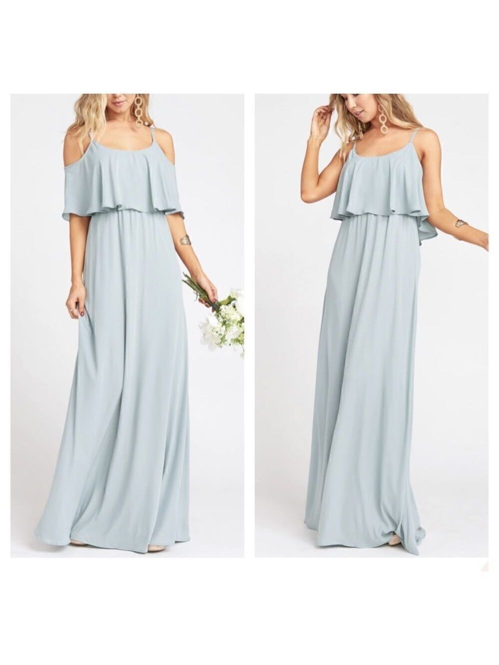𝅺SHOW Me Your Mumu Caitlin Ruffle Maxi Dress in Silver Sage Crisp Size Small